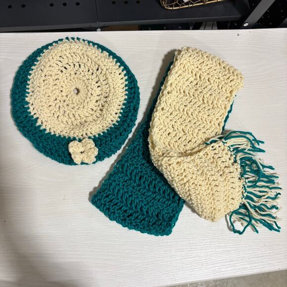 🌿 Handmade Crochet Hat & Scarf Set – Teal & Cream | Cozy Winter Gift - Picture 3 of 6